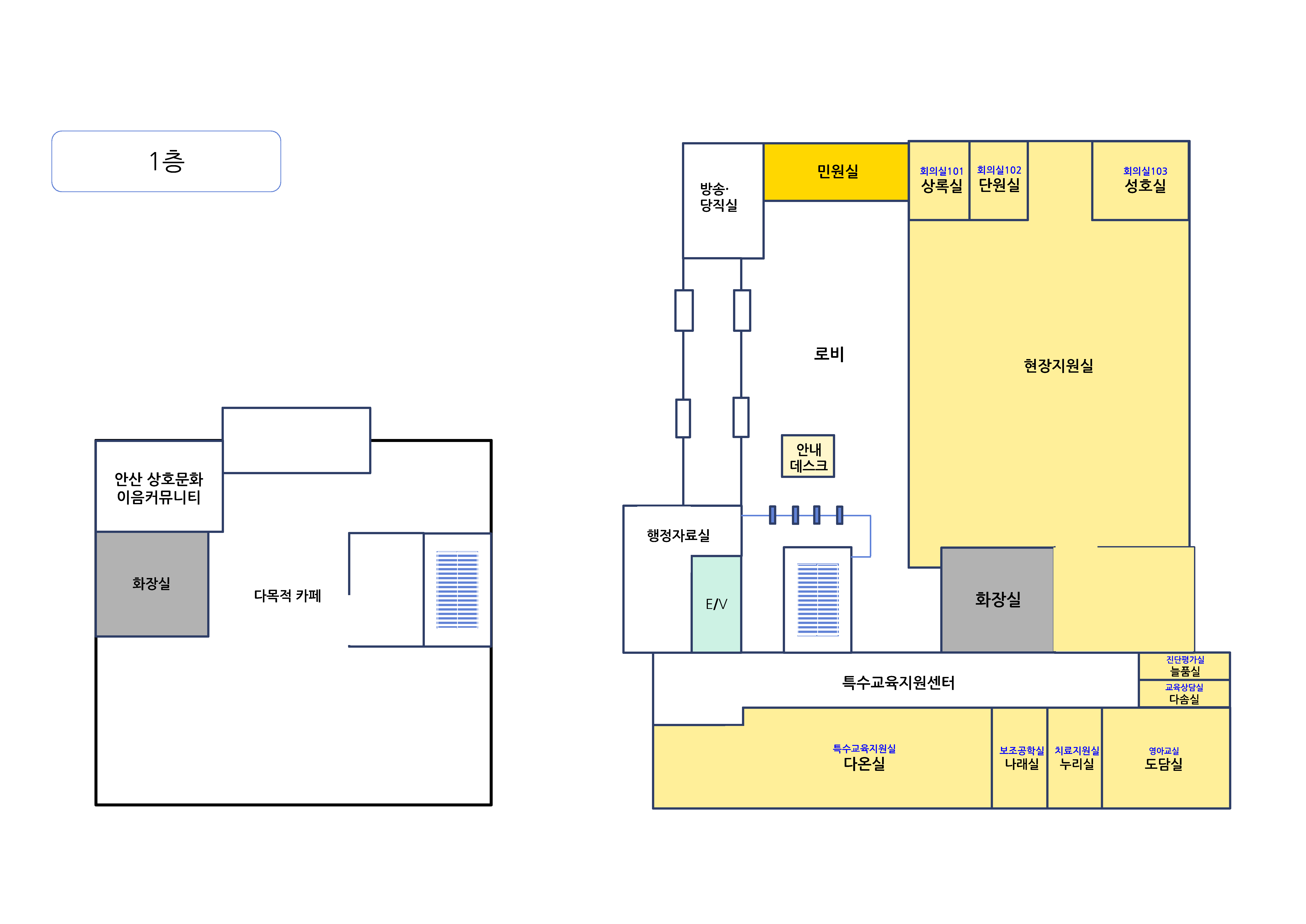 본관1F - 방송당직실, 민원실, 현장지원실(회의실101(상록실), 회의실102(단원실), 회의실103(성호실), 화장실), 로비, 안내데스크, 행정자료실(E/V), 계단, 특수교육지원센터, 진단평가실(늘품실), 교육상담실(다솜실), 특수교육지원실(다온실), 보조공학실(나래실), 치료지원실(누리실), 영아교실(도담실)  </p><p>별관1F : 안산 상호문화 이음커뮤니티, 화장실, 다목적카페